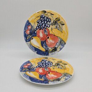 Pier 1 One PER38 Two Dinner Plates Grapes Apples Pear Crazing Yellow Blue Italy